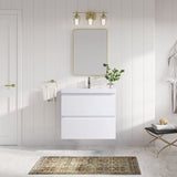 24" White Wall Mount Bathroom Vanity Floating Vanity with Sink and Two Drawers Bathroom Cabinet