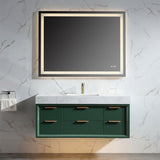 48" Modern Floating Green Rubberwood Bathroom Vanity Cabinet with Lights and Stone Slab Countertop