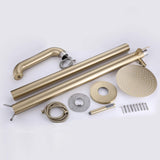 Brushed gold outdoor shower parts laid out for assembly, including pipes, head, and hardware.