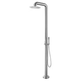 Freestanding stainless steel outdoor shower with round head and handheld attachment.