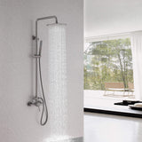 Gunmetal gray rainfall shower system with water flow, installed in a modern bathroom with large floor-to-ceiling windows