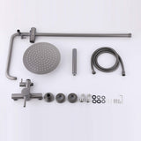 Complete gunmetal gray shower system parts including rainfall shower head, handheld sprayer, and hose