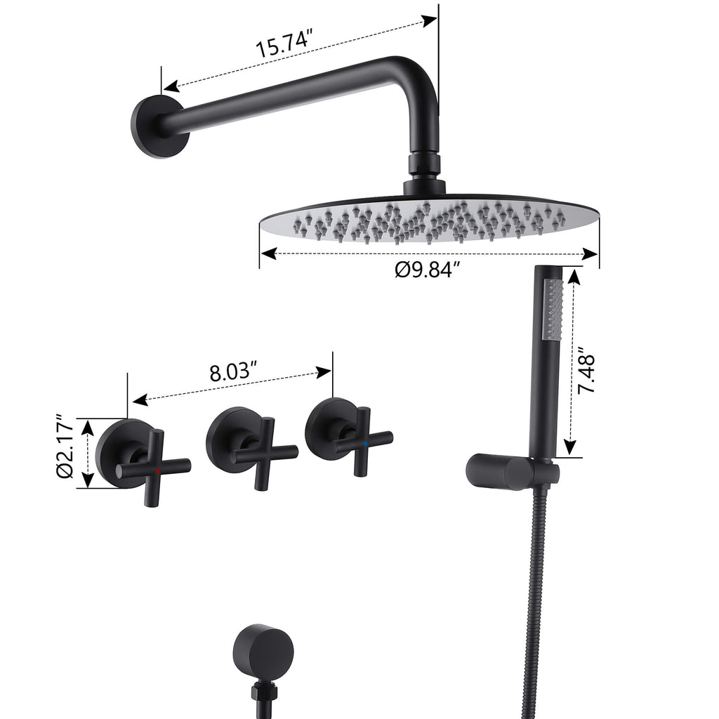 10inch Wall Mounted Rainfall Shower Head System Shower Faucet, Black