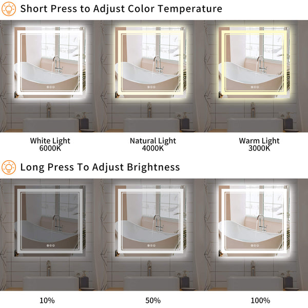 LED Bathroom Mirror 36x36 with Front and Backlight Stepless Dimmable W ...