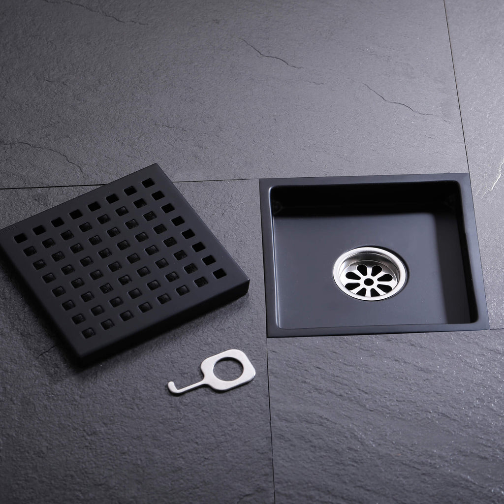 EXF Square Shower Drain 6 Inch Matte Black, Stainless Steel Shower Floor  Drain Kit with Flange, Removable Grid Grate, Hair Strainer, Not Fit for